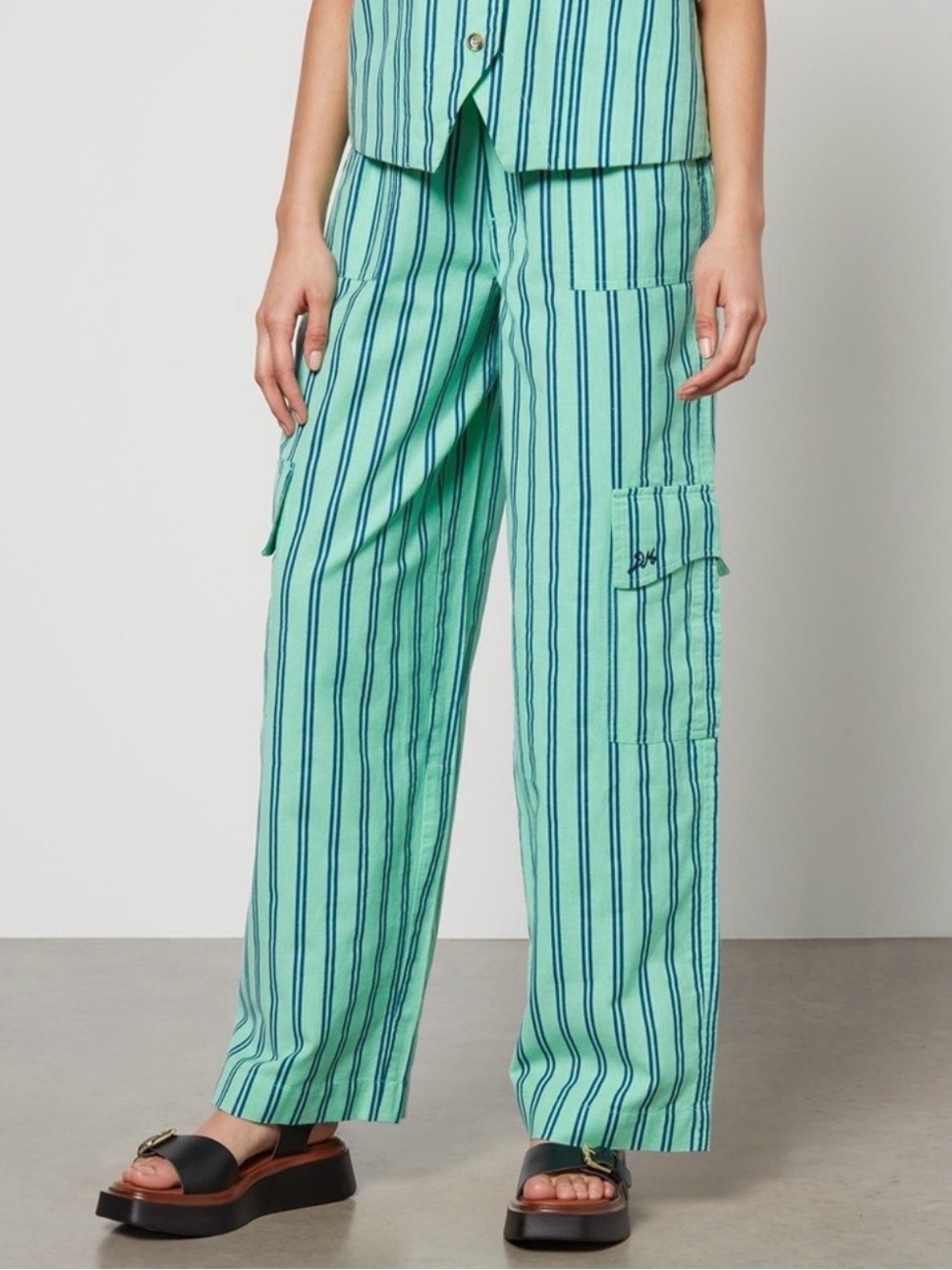 Damson Madder Cotton Linen Sydney Coastal Cargo Pants Mint Stripe UK 10 US 6